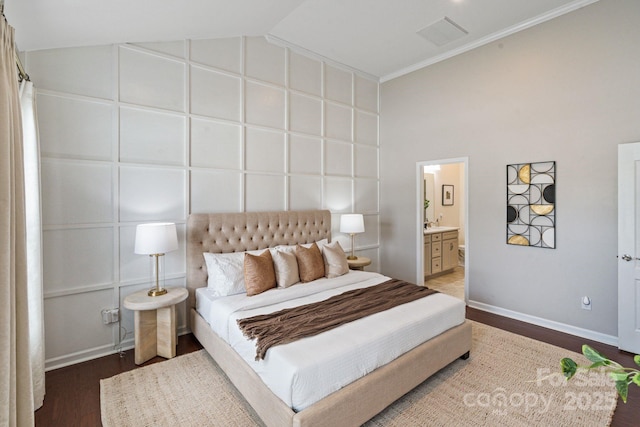 4028 Woodsmill Rd, Fort Mill, SC 29707 - bedroom with lofted ceiling, wood finished floors, baseboards, ornamental molding, and connected bathroom