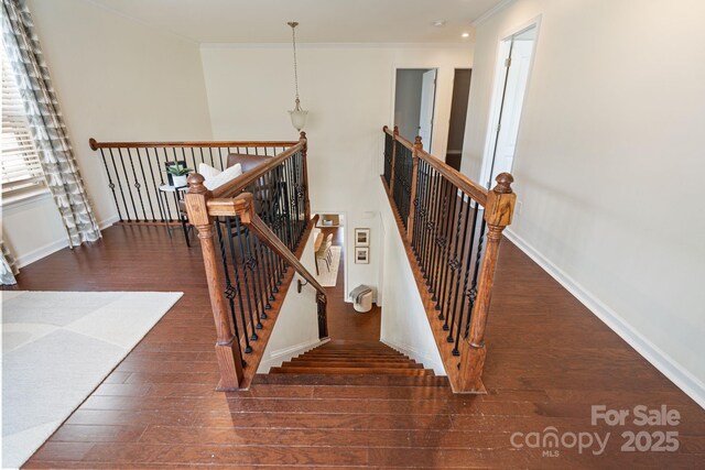 4028 Woodsmill Rd, Fort Mill, SC 29707 - stairs featuring hardwood / wood-style floors, crown molding, and baseboards