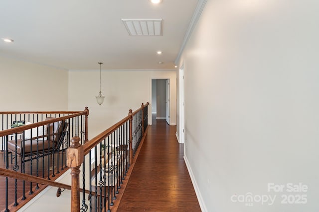 4028 Woodsmill Rd, Fort Mill, SC 29707 - hall featuring crown molding, baseboards, wood finished floors, recessed lighting, and an upstairs landing