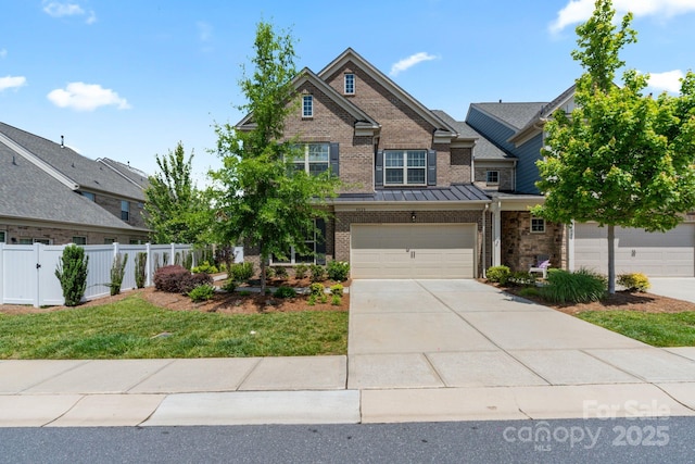 4028 Woodsmill Rd, Fort Mill, SC 29707 - craftsman house featuring brick siding, driveway, an attached garage, and a standing seam roof