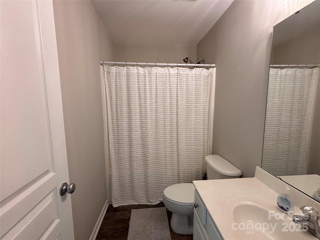 full bathroom featuring toilet, vanity, and a shower with shower curtain