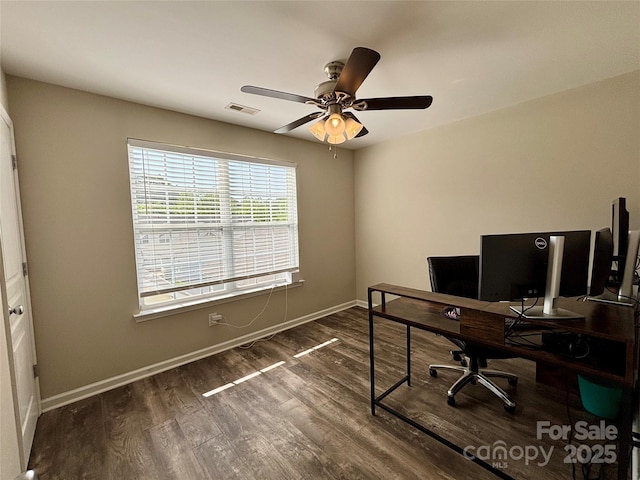 office space featuring wood finished floors, a ceiling fan, and baseboards