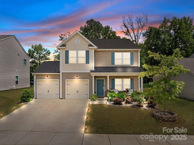 9132 Colwick Hill Ln, Charlotte, NC 28215 - traditional-style house featuring driveway, covered porch, a yard, an attached garage, and board and batten siding