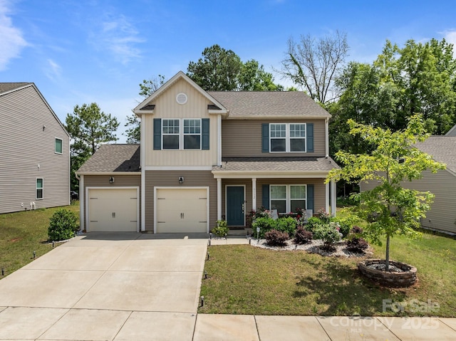 9132 Colwick Hill Ln, Charlotte, NC 28215 - view of front of property featuring concrete driveway, a porch, a front yard, roof with shingles, and board and batten siding