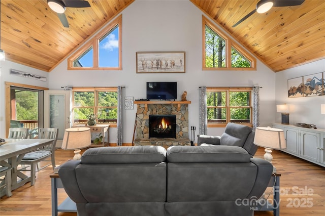 332 Mystic Cv, Waynesville, NC 28785 - living area with a ceiling fan, high vaulted ceiling, wood ceiling, a stone fireplace, and light wood finished floors