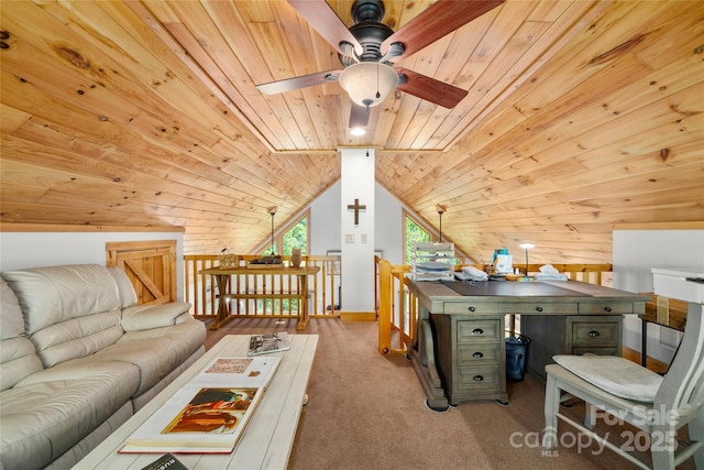 332 Mystic Cv, Waynesville, NC 28785 - office with ceiling fan, wooden ceiling, carpet flooring, and lofted ceiling
