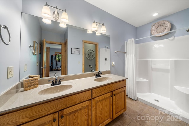 332 Mystic Cv, Waynesville, NC 28785 - bathroom with tile patterned flooring, double vanity, and curtained shower