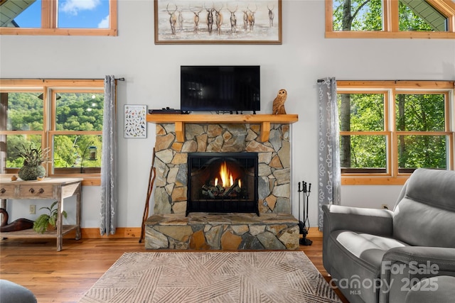 332 Mystic Cv, Waynesville, NC 28785 - living area with wood finished floors, a stone fireplace, and healthy amount of natural light