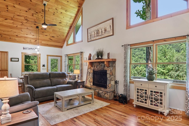 332 Mystic Cv, Waynesville, NC 28785 - living area with high vaulted ceiling, wood finished floors, a stone fireplace, wooden ceiling, and a ceiling fan