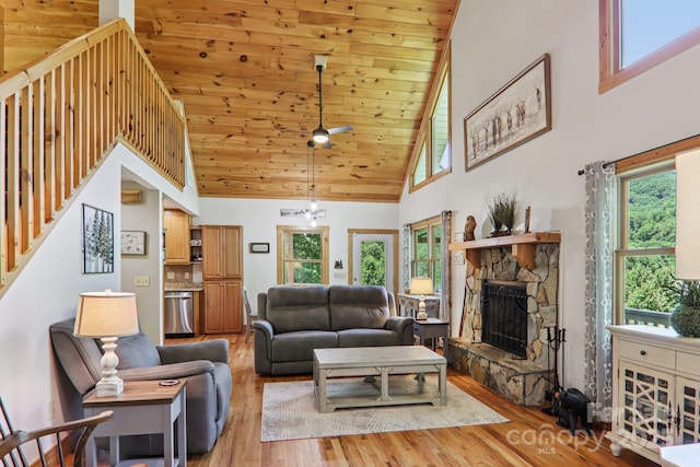 332 Mystic Cv, Waynesville, NC 28785 - living room with high vaulted ceiling, light wood-type flooring, wood ceiling, a stone fireplace, and ceiling fan