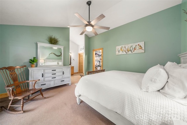 332 Mystic Cv, Waynesville, NC 28785 - bedroom featuring vaulted ceiling, light colored carpet, ensuite bathroom, and ceiling fan