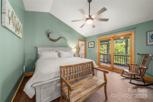 332 Mystic Cv, Waynesville, NC 28785 - bedroom featuring vaulted ceiling, access to outside, carpet flooring, and ceiling fan