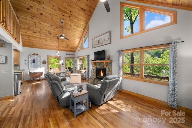 332 Mystic Cv, Waynesville, NC 28785 - living area featuring a ceiling fan, high vaulted ceiling, a fireplace, light wood-style flooring, and plenty of natural light