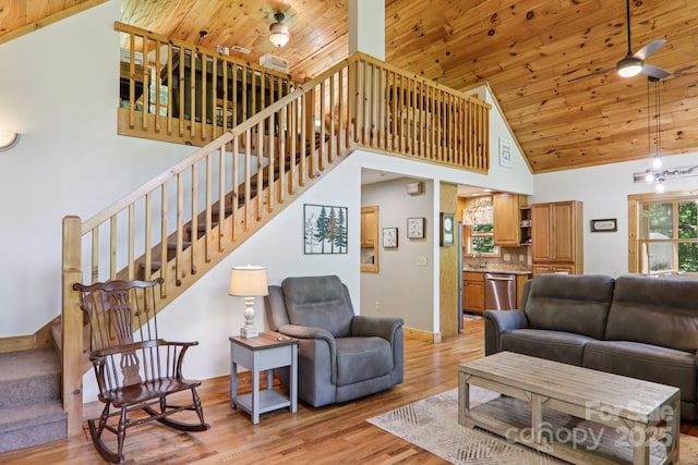 332 Mystic Cv, Waynesville, NC 28785 - living area featuring high vaulted ceiling, stairway, wooden ceiling, light wood-style floors, and a ceiling fan