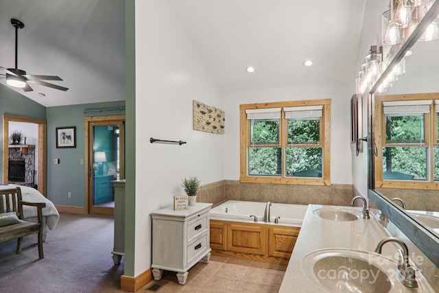 332 Mystic Cv, Waynesville, NC 28785 - full bathroom with plenty of natural light, ceiling fan, a bath, recessed lighting, and high vaulted ceiling