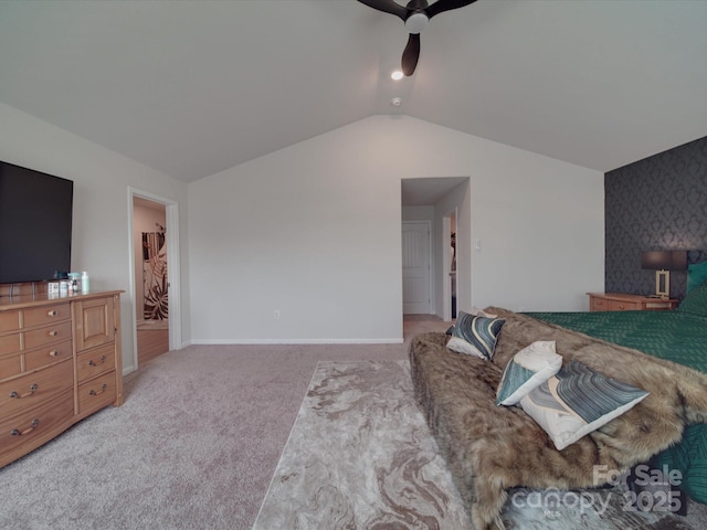 3322 Brighton Dr, Gastonia, NC 28052 - living room featuring ceiling fan, light colored carpet, lofted ceiling, and baseboards