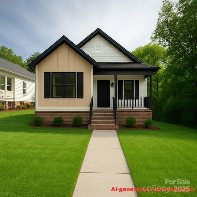 view of front facade with board and batten siding, a front yard, and a porch
