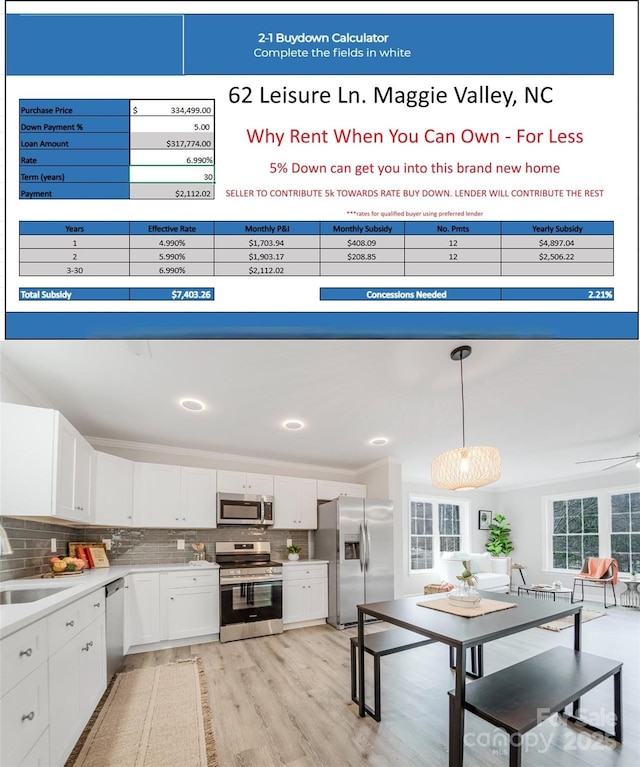 62 Leisure Ln, Maggie Valley, NC 28751 - kitchen with stainless steel appliances, white cabinetry, decorative backsplash, a sink, and light wood-type flooring