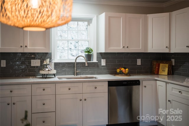62 Leisure Ln, Maggie Valley, NC 28751 - kitchen with dishwasher, a sink, white cabinets, crown molding, and backsplash