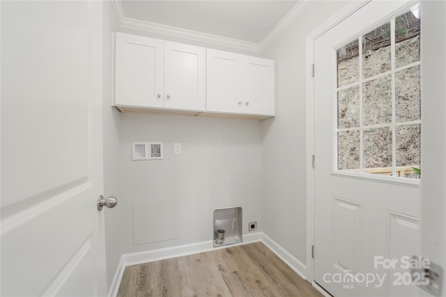 62 Leisure Ln, Maggie Valley, NC 28751 - laundry area featuring washer hookup, light wood-type flooring, baseboards, cabinet space, and ornamental molding