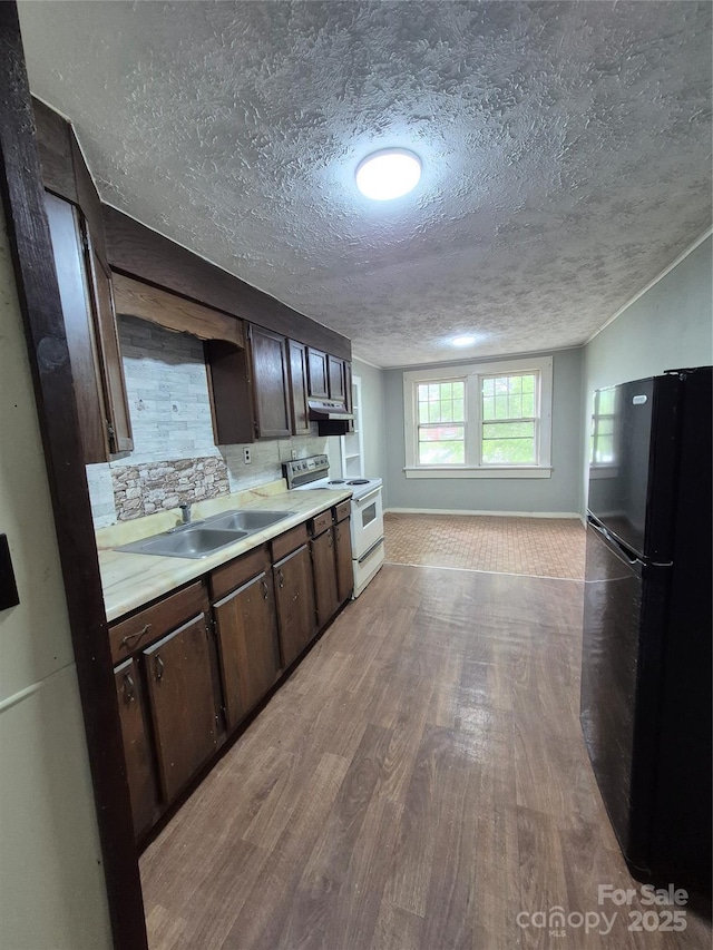 kitchen featuring freestanding refrigerator, white range with electric cooktop, a sink, wood finished floors, and dark brown cabinetry