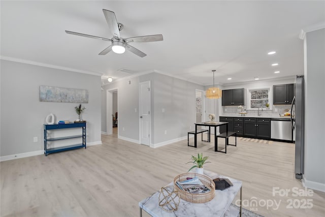 60 Leisure Ln, Maggie Valley, NC 28751 - living room featuring ornamental molding, light wood finished floors, baseboards, recessed lighting, and a ceiling fan