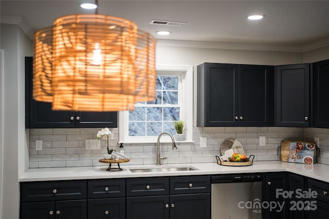 60 Leisure Ln, Maggie Valley, NC 28751 - kitchen featuring dishwasher, a sink, decorative backsplash, crown molding, and light countertops