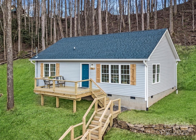 60 Leisure Ln, Maggie Valley, NC 28751 - rear view of house featuring crawl space, a shingled roof, a deck, and a yard