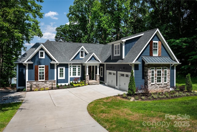 434 Breezewood Dr, Belmont, NC 28012 - craftsman inspired home featuring stone siding, concrete driveway, a garage, board and batten siding, and roof with shingles