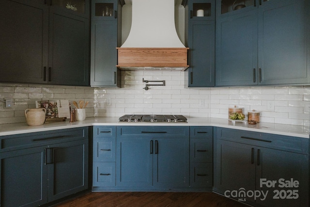 434 Breezewood Dr, Belmont, NC 28012 - kitchen with custom range hood, stainless steel gas stovetop, and light countertops