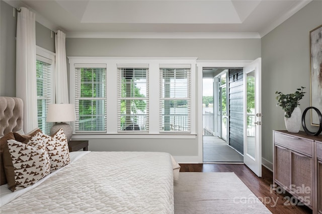 434 Breezewood Dr, Belmont, NC 28012 - bedroom featuring access to outside, dark wood-style floors, a tray ceiling, and ornamental molding