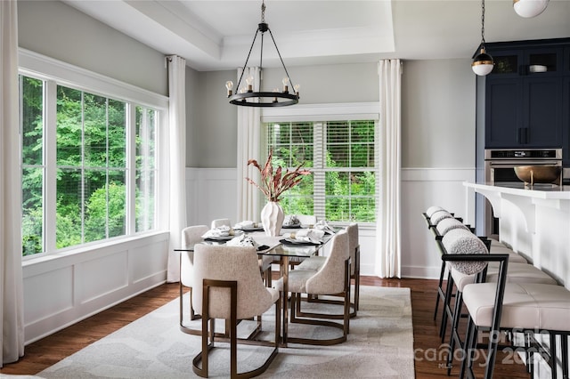 434 Breezewood Dr, Belmont, NC 28012 - dining room featuring a decorative wall, a chandelier, healthy amount of natural light, dark wood finished floors, and wainscoting