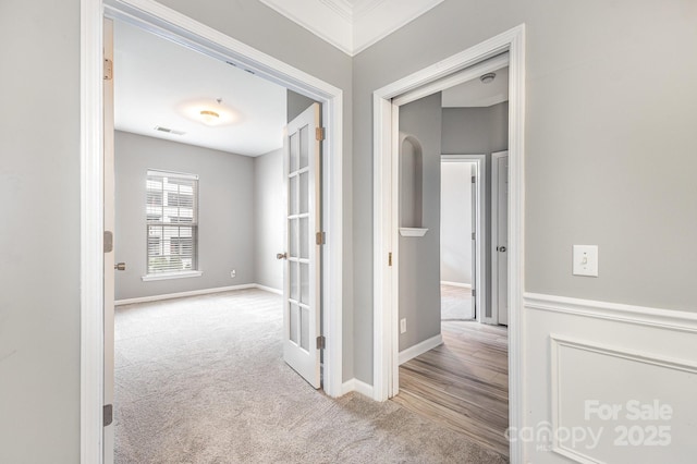14857 Santa Lucia Dr, Charlotte, NC 28277 - hall with carpet, baseboards, and ornamental molding