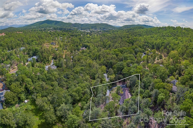 aerial view of property's location with a heavily wooded area, property boundaries highlighted, and mountains