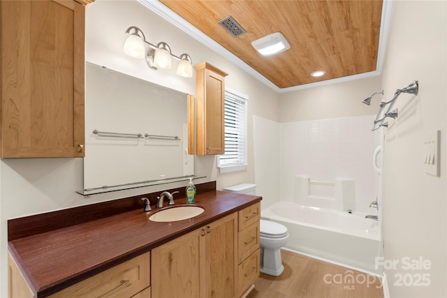 bathroom with toilet, wood ceiling, vanity, wood finished floors, and shower / tub combination