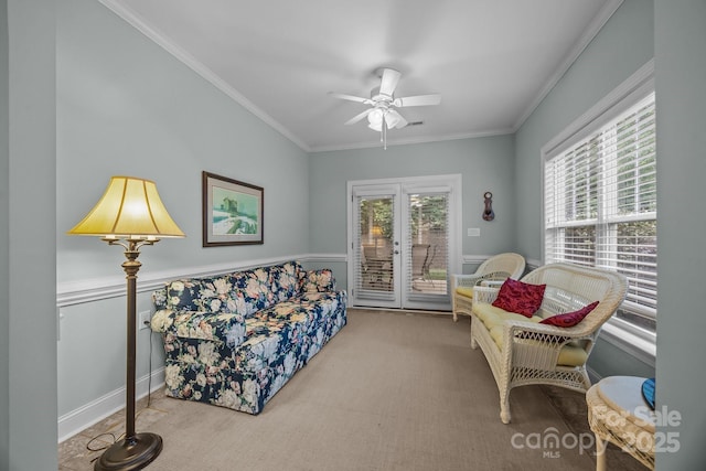 422 Drake Ln, Salisbury, NC 28146 - living room with carpet flooring, ceiling fan, and crown molding