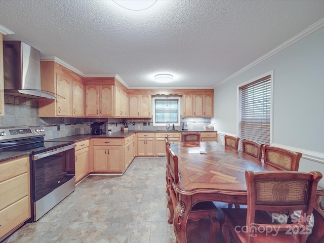4620 Binwhe Ln, Gastonia, NC 28052 - kitchen with stainless steel range with electric stovetop, wall chimney exhaust hood, light brown cabinets, a sink, and ornamental molding