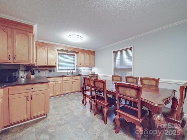 4620 Binwhe Ln, Gastonia, NC 28052 - kitchen featuring light brown cabinets, ornamental molding, a sink, stainless steel dishwasher, and a textured ceiling