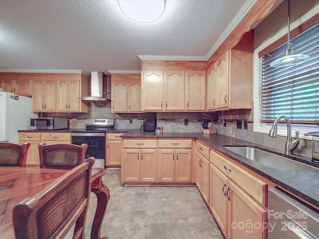 4620 Binwhe Ln, Gastonia, NC 28052 - kitchen featuring stainless steel appliances, wall chimney exhaust hood, light brown cabinetry, a sink, and crown molding