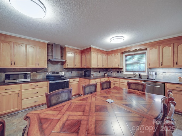 4620 Binwhe Ln, Gastonia, NC 28052 - kitchen featuring appliances with stainless steel finishes, wall chimney range hood, a sink, light brown cabinetry, and a textured ceiling