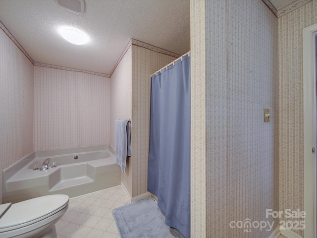 4620 Binwhe Ln, Gastonia, NC 28052 - bathroom featuring toilet, a bath, a textured ceiling, tile patterned floors, and a shower with curtain