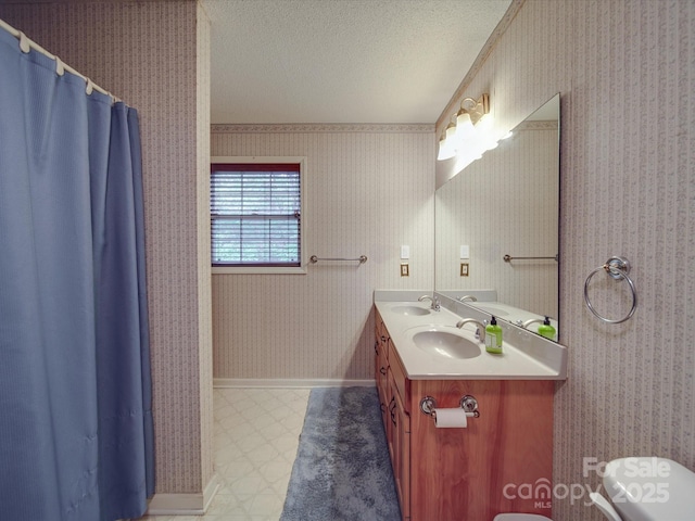4620 Binwhe Ln, Gastonia, NC 28052 - full bath featuring a textured ceiling, double vanity, tile patterned floors, toilet, and a shower with curtain