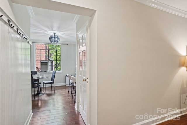 hallway featuring crown molding, baseboards, and hardwood / wood-style floors