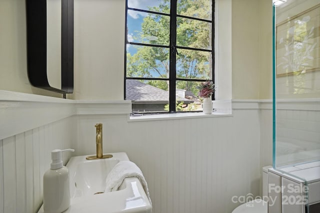 bathroom with a wainscoted wall