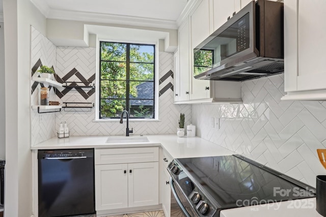 kitchen with dishwasher, stainless steel microwave, a sink, range with electric cooktop, and backsplash