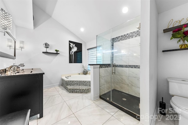 4846 Deer Cross Trl, Charlotte, NC 28269 - full bathroom featuring toilet, vaulted ceiling, a stall shower, a bath, and marble finish floors
