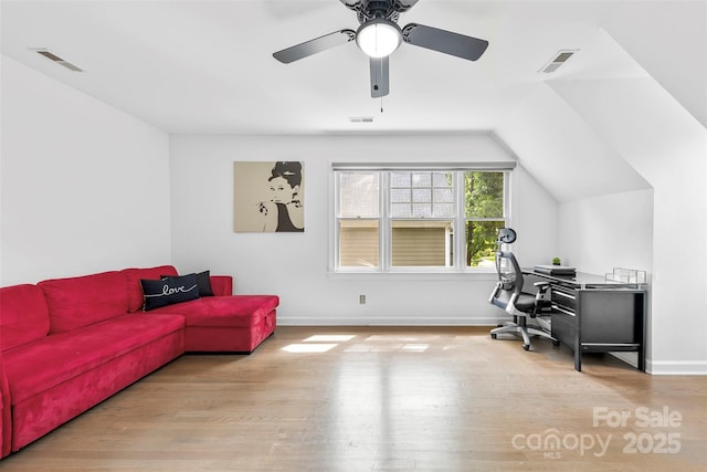 4846 Deer Cross Trl, Charlotte, NC 28269 - office area with wood finished floors, baseboards, vaulted ceiling, and ceiling fan