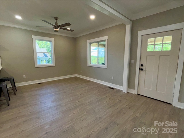 85 Archer St, Granite Falls, NC 28630 - entryway featuring crown molding, healthy amount of natural light, ceiling fan, wood finished floors, and recessed lighting