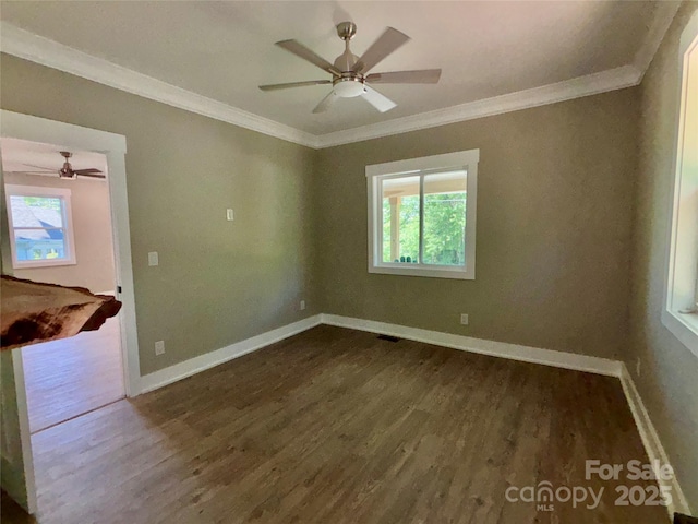 85 Archer St, Granite Falls, NC 28630 - spare room with ceiling fan, dark wood-style flooring, ornamental molding, and baseboards