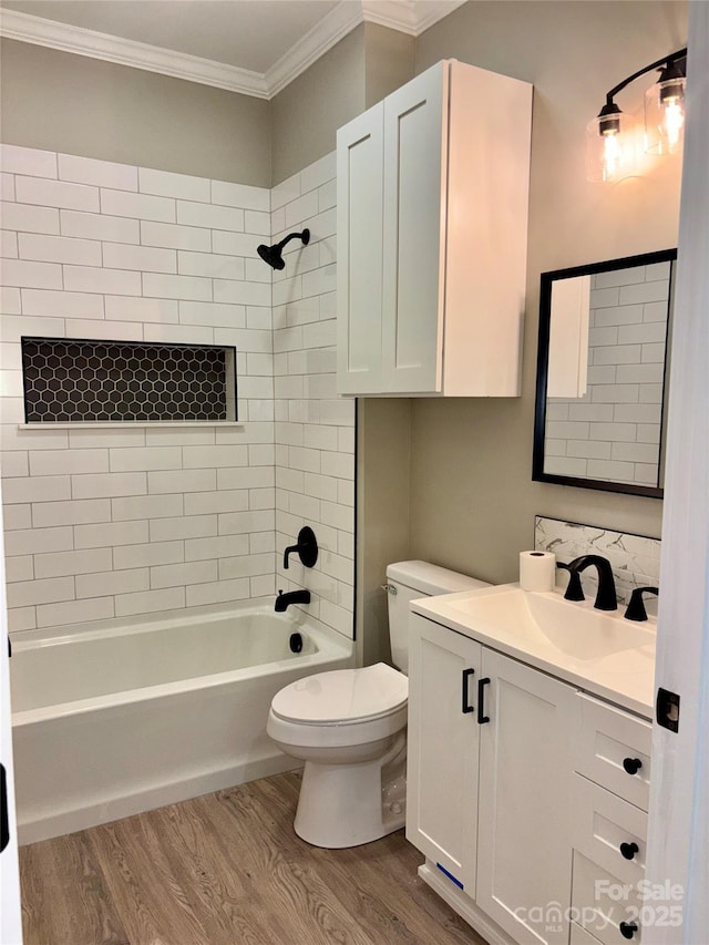 85 Archer St, Granite Falls, NC 28630 - full bathroom featuring wood finished floors, toilet, vanity, crown molding, and tub / shower combination